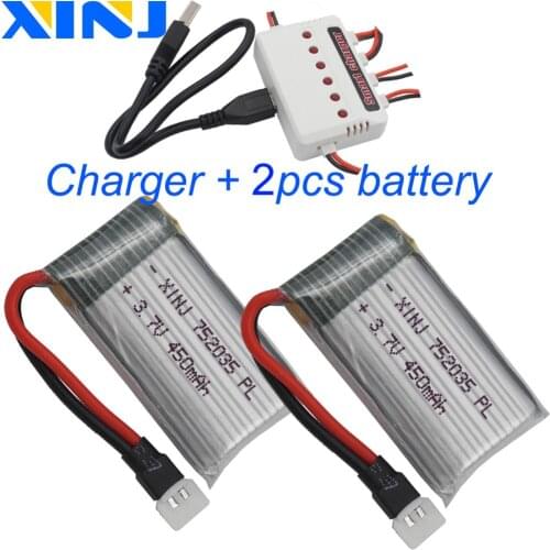 XINJ Charger+2pcs 3.7V 450 mAh 25C Polymer Li battery JST XH 2.54mm plug for Syma X5c Cheerson CX-30W RC Quadcopter Drone 752035