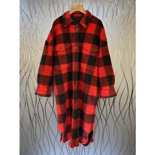 2020 Spring / Autumn New Loose Wild Classic Check Pocket Long Sleeve Lapel Woolen Women Coat