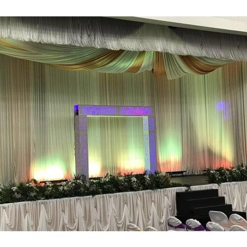 Hot Sale 1 piece 12m Length * 1.2m Height Ice Silk Stage Skirting With Luxury Diamond Pearl Brooch For Wedding Party Decor