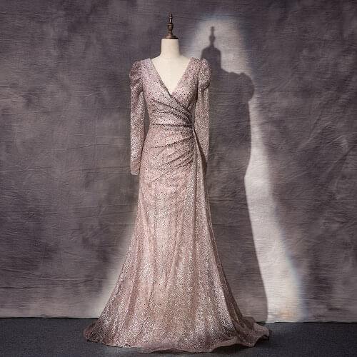 2021 Classic Pink Full Sleeve Dubai Evening Gown Mermaid Formal Women Party Dresses V Neck Embroidered Crystal Beaded Vestidos