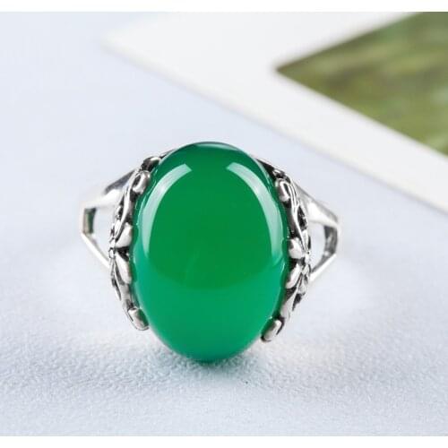 925 Sterling Silver Silver retro natural green chalcedony gem new lady ring