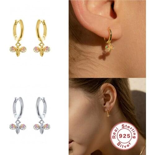 GS 925 Sterling Silver Hoop Earrings Bee Cz Crystal Charms Pendant Drop Earrings Women Gold Silver Color Circle Hoop Earring