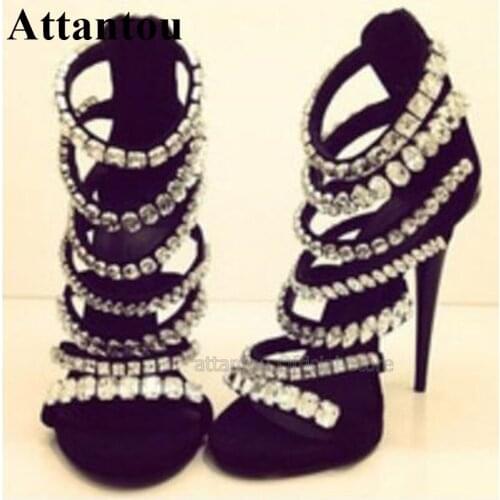 Bling Bling Crsytal Embellished Strappy High Heel Sandals Women Cut-out Thin Heels Ankle Strap Summer Shoes