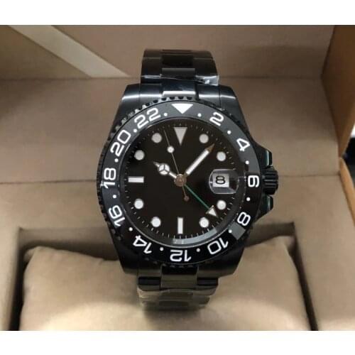 40MM PARNIS Black dial GMT Automatic Self-Wind movement Mechanical watches luminous mens watch PVD case Sapphire crystal 355