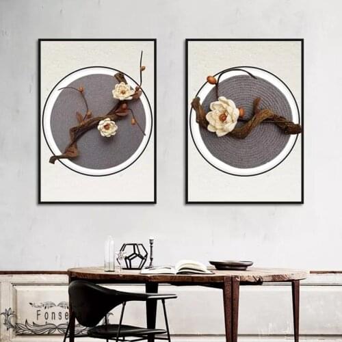 Chinese Style Home Decoration Dried Flower Branch Couplet Poster Wall Art Canvas Painting Modular Pictures for Study Room