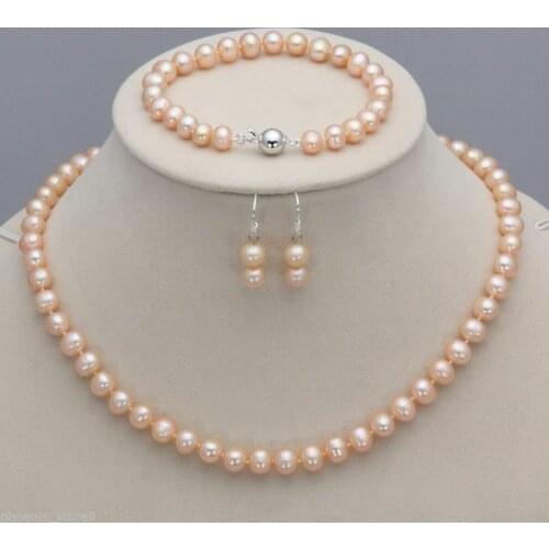 Genuine 6-7mm Natural Pink Freshwater Pearl Necklace Bracelet Hook Earrings Set
