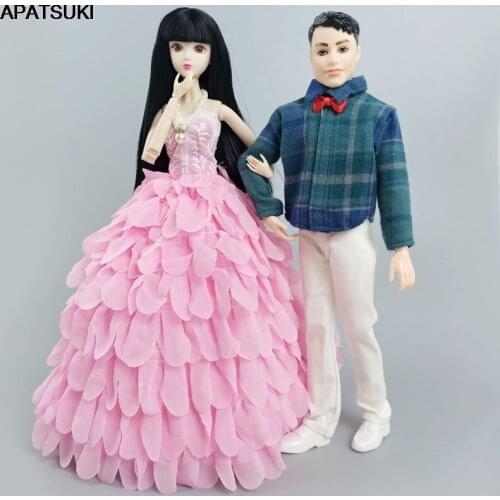 Fashion Clothes Set Pink Wedding Dress For Barbie Doll Outfits Hat Blue Plaid Suit Clothes For Ken Boy Doll Accessories 1/6