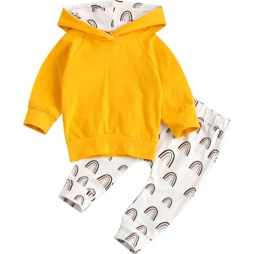 Cute Newborn Baby Girls Boys Rainbow Clothes Sets 2Pcs Hooded Long Sleeve Pullover Tops Sweatshirt Rainbow Pants Autumn Outfits