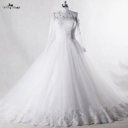 RSW939 Lace Long Sleeve Muslim Wedding Dress Vestido De Noiva Manga Longa Wedding Gown With Long Train