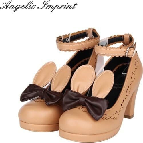 Japanese Style Kawaii Rabbit Era Sweet Lolita Cosplay Shoes Girls Chunky High Heel Ankle Shoes with Lace Trim