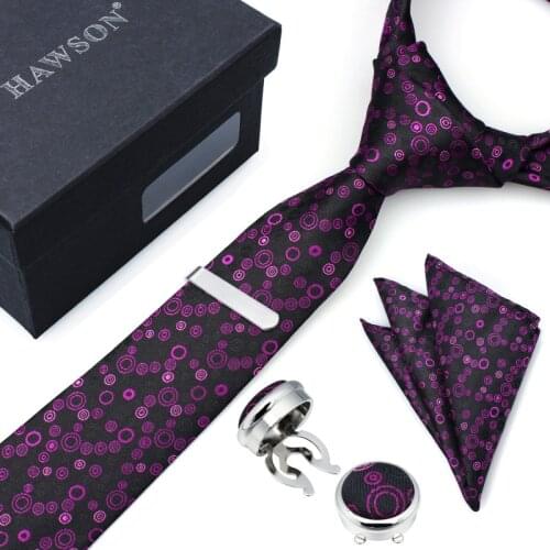 Fashionable Fuchsia Pattern Necktie Set with Pocket Square Tie-Clip and Button Cover Cuff-links for Birthday Party