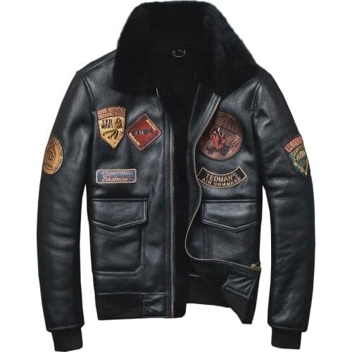 Factory 2019 Men Black Shearling Flight Jacket Top Gun Air Force Pilot Jackets Wool Liner Sheepskin Jacket Russia Winter Coats