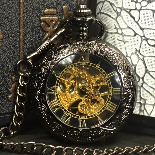 TIEDAN Black Steampunk Skeleton Mechanical Pocket Watch Men Antique Luxury Brand Necklace Pocket & Fob Watches Chain Male Clock