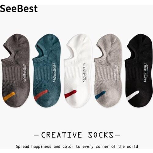SeeBest mens ankle socks no show fashion breathable cool spring summer boat slipper sock for male 5 pairs black white