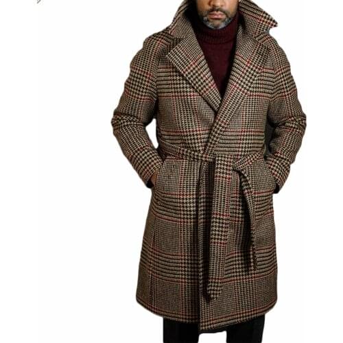 Mens Overcoat Streetwear Plaid Belt Long-Length Woolen Warm Casual Trench Coat Winter Male Jacket