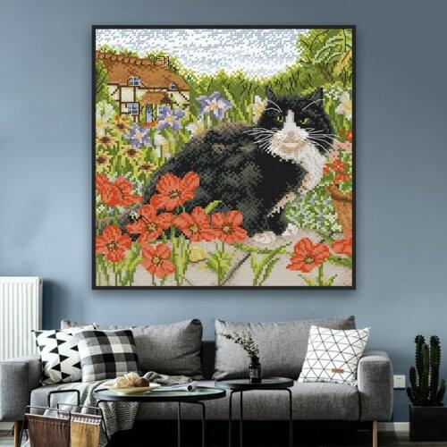 Kids Craft Floral Cat Cottage Stamped Cross Stitch Kit Home Hotel Ornament