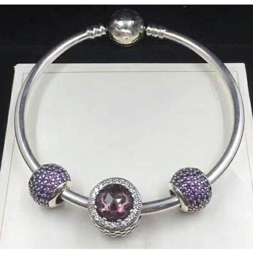 NEW 100% 925 Sterling Silver 791725NRP ROYAL PURPLE RADIANT HEARTS CHARM 791051CFP Fancy Purlple Pave Ball Charm Bracelet Set