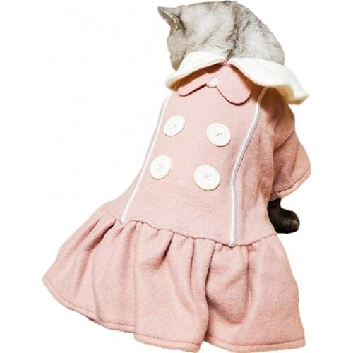 New Autumn Winter Cat Dog Dress Princess Woolen Cloth Soft Keep Warmth Turn-down Collar Lovely Bow Button Skirt Dog Clothes