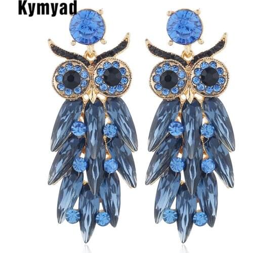Kymyad New Earrings 2020 Big Owl Earrings Blue Crystal Stone Statement Earings Fashion Jewelry Bijoux Long Drop Earrings Jewelry