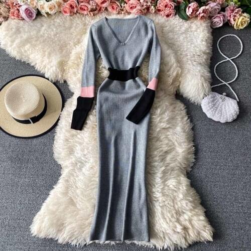 Women Autumn Winter Sweater Dress Fashion Patchwork V Neck Slim Elastic Dress Warm Bodycon Pullovers Knitting Dress