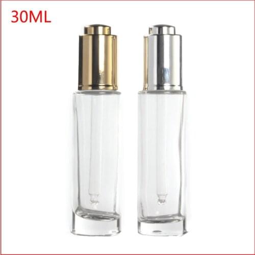 30ml transparent glass dropper bottle w silver/gold cap glass bottle empty Refillable cosmetic Bottles