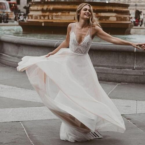 Sheer Spaghetti Straps Embroider Lace Sexy A-line Outdoor Wedding Dress Simple Open Back Bridal Dress