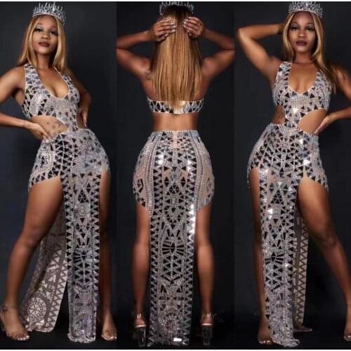 Luxury Silver Mirror Rhinestones Halter Long Dress Women Evening Party Birthday Celebrate Prom Sequins Outfit Stage Catwalk Wear