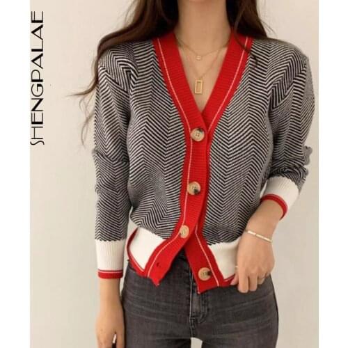SHENGPALAE 2021 New Fashion Spring V-neck Single Breasted Short Herringbone Pattern Cardigans Women Loose Casual Sweater FV295