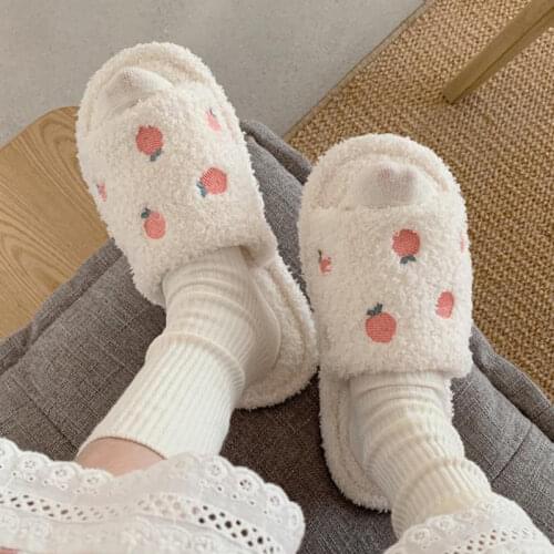 2021 Cartoon Fruit Print Winter Slippers Cute Fluffy House Slippers For Women Faux Fur Slides Shoes Female Home Soft Flip Flops