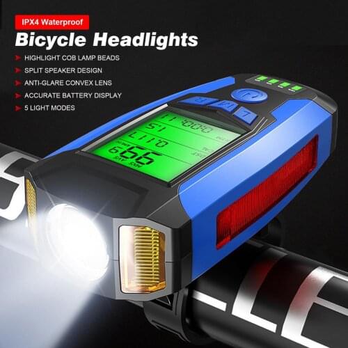 3-in-1 Bike Headlight USB Rechargeable with stopwatch horn lamp 5 Lighting Modes MTB Front light For Cycling Bicycle Accessories
