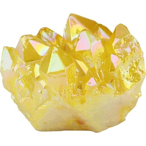 TUMBEELLUWA Lemon Yellow Titanium Coated Crystal Rock Quartz Cluster Geode Druzy Gem Stone Home Decoration Specimen