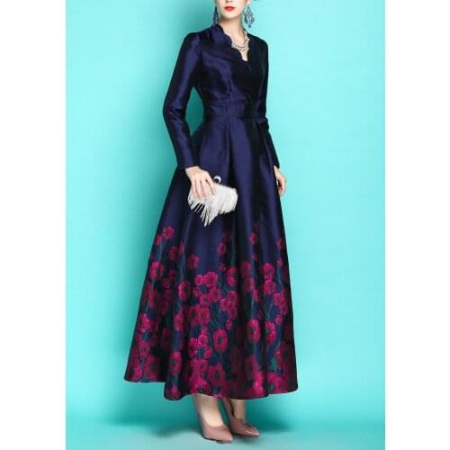 Spring Jacquard Runway Dress Navy V Neck Women Evening Full Length Ankle-Length Gorgeous Floral Long Dress