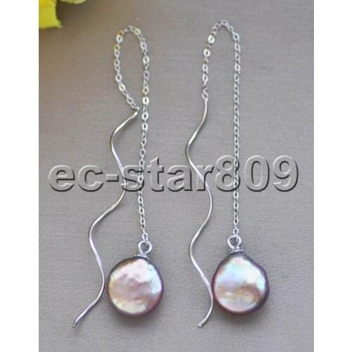 Z11125 12mm Lavender Coin Pearl 925silver Chain Dangle Earring