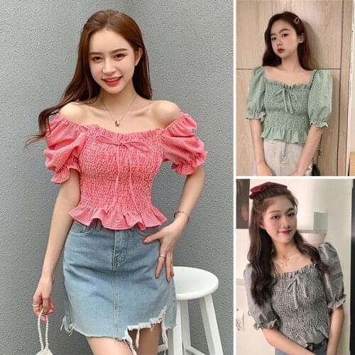 Preppy Style Summer Ladies Casual Sweet Short Shirt Top Plaid Square Collar Lantern Sleeve Bow Ruffles Slim Shirt