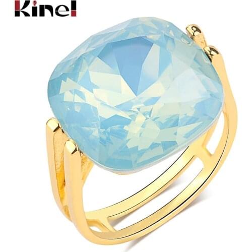 Kinel 2020 Fashion Square Blue Opal Stone Wedding Rings For Women Gold Color CZ Zircon Ring Female OL Vintage Jewelry