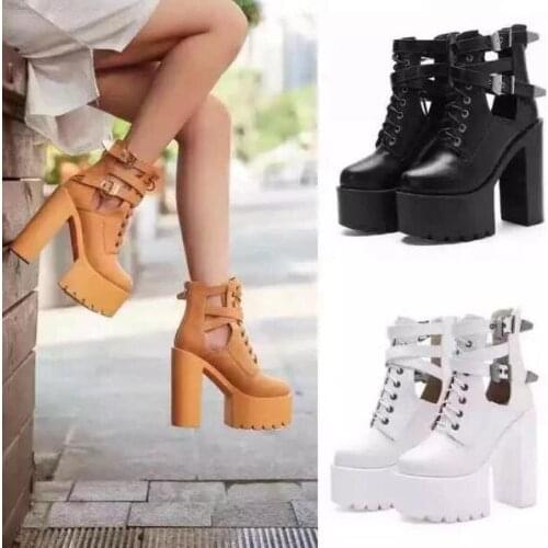 Carpaton Sexy Thick Heels Woman Boots Newest PU Leather Platform Thick Heels Gladiator Sandal boots 15CM Lace-up Riding Boots