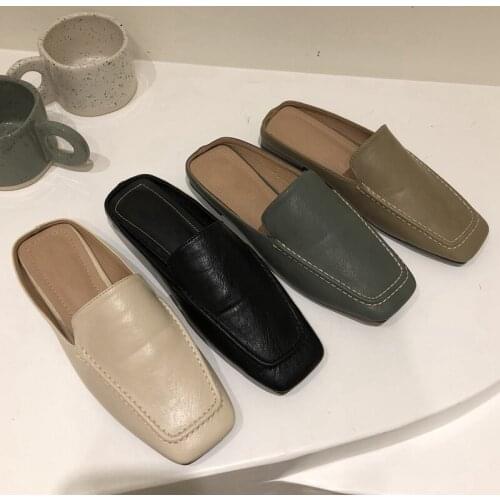 Bailamos Women Close Toe Slippers Soild Color Slip on Square Toe Flat Heel Casual Sandal Women Outdoor Slides Shoes Flip Flop