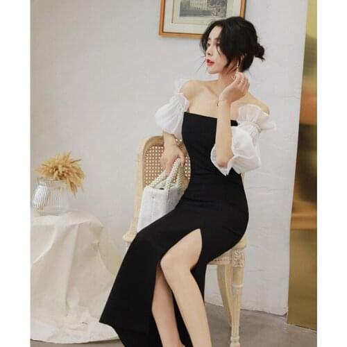 2019 Autumn Women Evening Dresse Off The Shoulder Patchwork Slit Prom Party Dress White Black Elegant Vestidos Femme