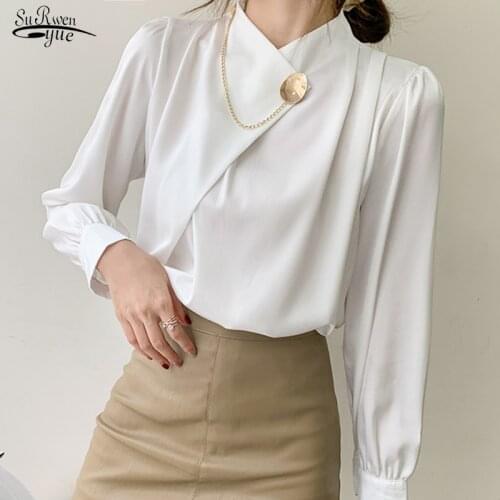 2021 New Fashion Chiffon Women Blouse and Tops Office Lady Stand Collar Solid Shirts Women Puff Sleeve Female Clothing 13105