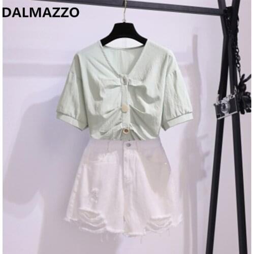 2021 New Summer Students V Neck Single-Breasted Tops + Short Pants Jeans 2 Piece Sets Women Hole Wide Leg Hot Denim Shorts Suit