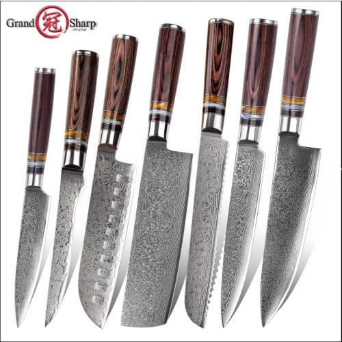 7 Pcs Damascus Knife Set vg10 Japanese Damascus Steel Kitchen Knives Full Chefs Set Best Family Gift Cooking Tools Grandsharp