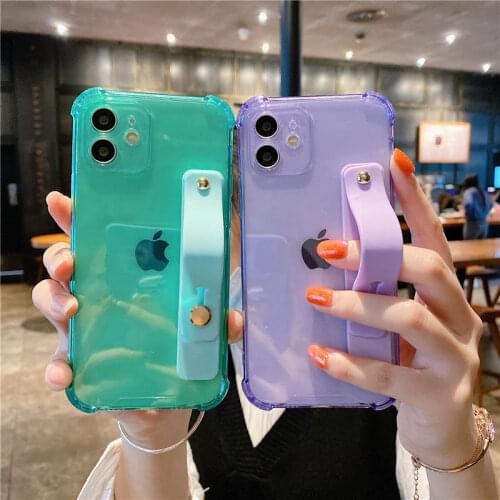 Fresh Summer Color Wrist Strap Clear Phone Case for iPhone 12 Mini 11 Pro XS Max Wristband Hand Holder Soft TPU Shockproof Cover