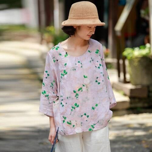 Johnature Retro Print O-neck Nine Quarter Sleeve Button Pullover Shirt 2021 Autumn New Cotton Linen Comfortable Women Tops Shirt