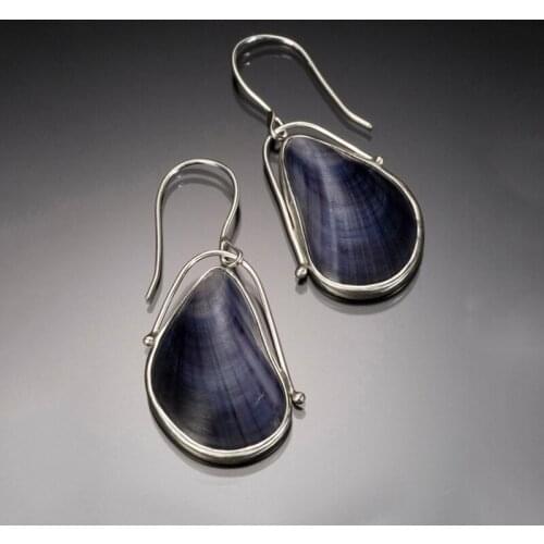 2-piece Bohemian simple mussel Blue Shell Earrings European and American retro Shell Pendant Necklace Set