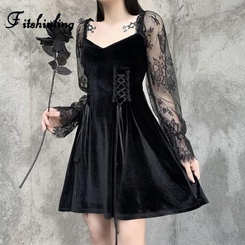 Fitshinling Lace Patchwork Velvet Dress Women Sheer Slim A-Line Robe 2021 Grunge Fashion Dark Sexy Short Dresses Ladies Sale New