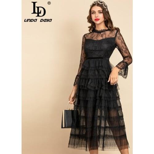 LD LINDA DELLA New 2021 Summer Fashion Runway Black Dresses Women Flare Sleeve Cake Mesh Lace Ruffles Midi Party A Line Dress