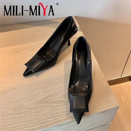 MILI-MIYA Sexy Pointed Toe Women Full Genuine Leather Pumps Solid Color Slip On Thin Heels Office Career Shoes Size 34-40