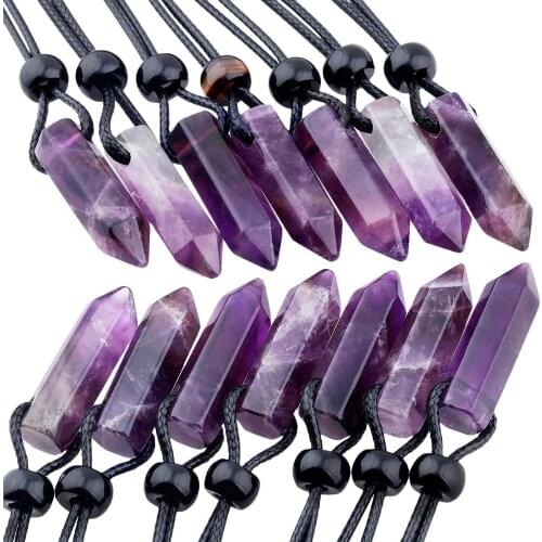 TUMBEELLUWA Purple Crystal Hexagonal Pointed Healing Reiki Chakra Pendant Necklace Wax Cord for Unisex