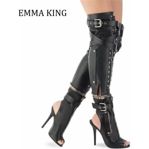 Sexy Women Black Studs Boots Zip Detachable Buckle Over-the-Knee Booties Punk Ladies Autumn Summer Thigh High Heels Boots 2020