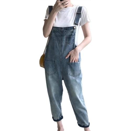 Casual Women Pockets Loose Suspender Denim Overall Dungarees Ninth Trousers